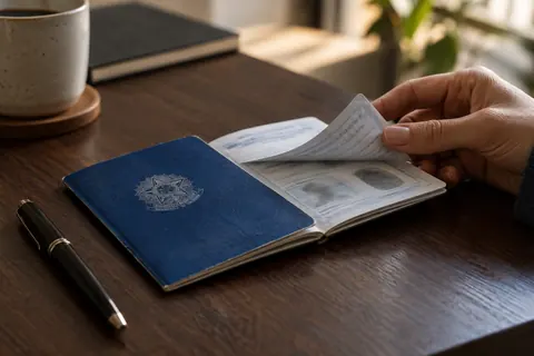 Carteira de trabalho sobre uma mesa, ao lado de uma caneta